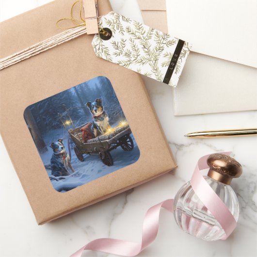 Blue Heeler Snowy Sleigh Weihnachtsdekor Quadratischer Aufkleber (Schenken)