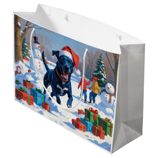 Blue Heeler Weihnachtsfest Schneeszene Große Geschenktüte (Rückseite Schrägansicht)