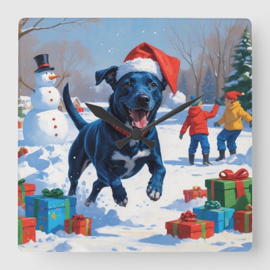 Blue Heeler Weihnachtsfest Schneeszene Quadratische Wanduhr (Vorderseite)