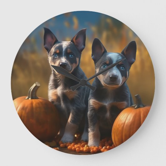 Blue Heeler Welpe Autumn Delight Pumpkin Große Wanduhr (Vorderseite)