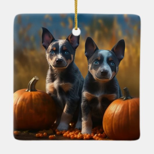 Blue Heeler Welpe Autumn Delight Pumpkin Keramikornament (Rückseite)