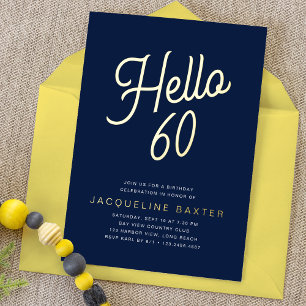 Blue Hello 60 Gold Script 60. Geburtstagsparty Folieneinladung
