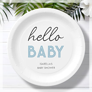 Blue Hello Baby Baby Shower Paper Plate Pappteller