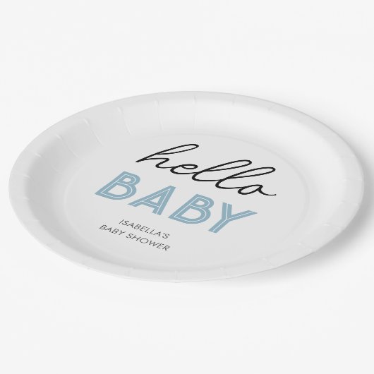 Blue Hello Baby | Baby Shower Paper Plate Pappteller (Schrägansicht)
