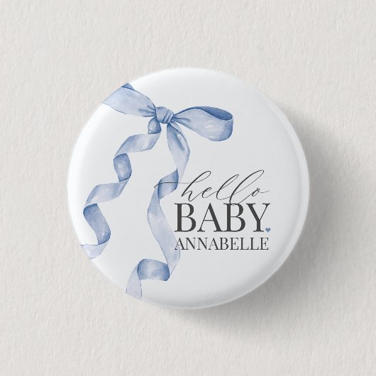 Blue Hello Baby Bow Girl Baby Shower Favoriten Button (Vorderseite)