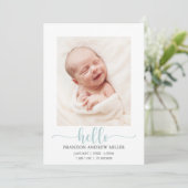 Blue Hello Baby Geburtshilfsankündigung Fotokarte Ankündigung (Stehend Vorderseite)