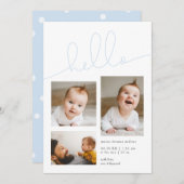 Blue Hello Script Multi Foto Boy Birth Ankündigung (Vorne/Hinten)