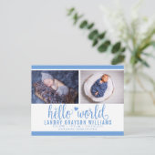 Blue Hello World Foto Birth Stat Ankündigungspostkarte (Stehend Vorderseite)