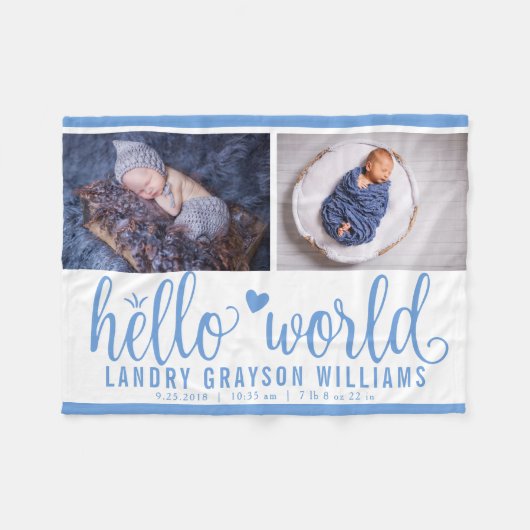 Blue Hello World Monogram Baby Stat Fleecedecke (Vorderseite (Horizontal))