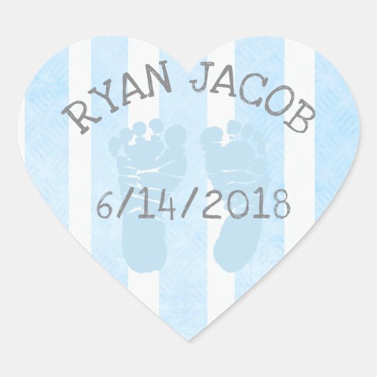 Blue Herat Baby Announcement Footprints Herz-Aufkleber (Vorderseite)
