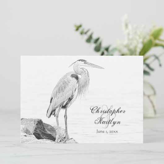 Blue Heron and Rocks, Water Bird Sketch Wedding Einladung (Stehend Vorderseite)