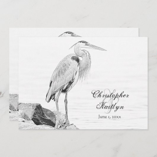 Blue Heron and Rocks, Water Bird Sketch Wedding Einladung (Vorne/Hinten)
