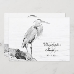 Blue Heron and Rocks, Water Bird Sketch Wedding Einladung
