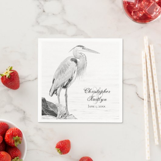Blue Heron and Rocks, Water Bird Sketch Wedding Serviette (Beispiel)