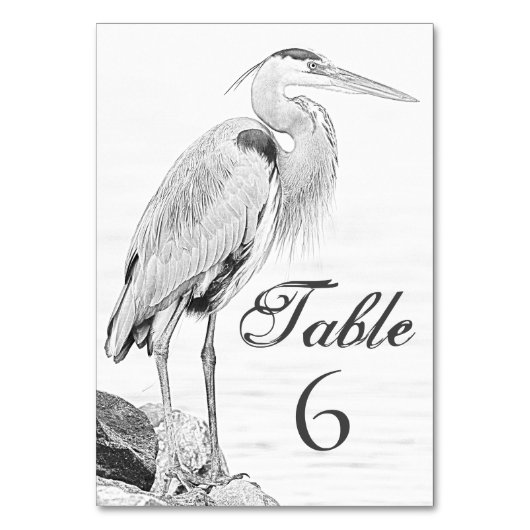 Blue Heron and Rocks, Water Bird Sketch Wedding Tischnummer (Vorderseite)