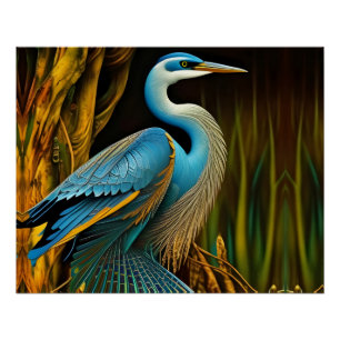Blue Heron in Reeds Poster