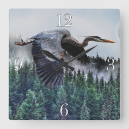 Blue Heron & Misty Forest Wildlife Quadratische Wanduhr