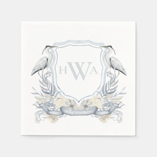 Blue Heron Monogram Wappen Grandmillennial Serviette (Vorderseite)