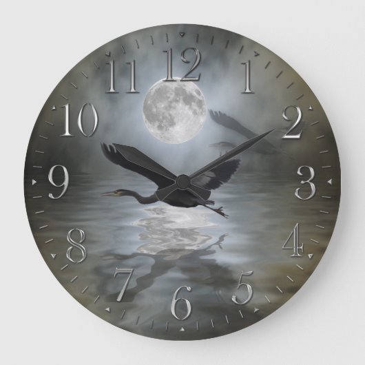 Blue Heron & Moon Wildlife Fantasy Wall Clock Große Wanduhr (Vorderseite)