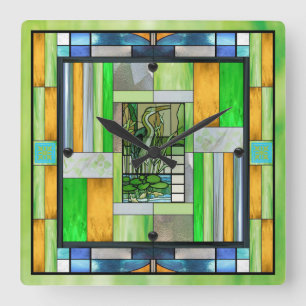 Blue Heron Stainglas Quadratische Wanduhr