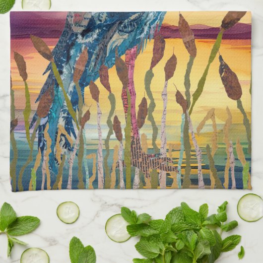 Blue Heron Sunset Kittuch Geschirrtuch (Gefaltet)