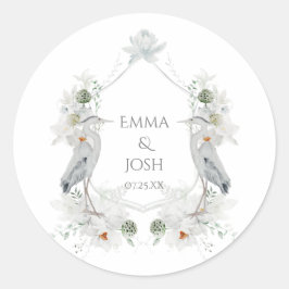 Blue Heron Waterfowl White Floral Ethereal Hochzei Runder Aufkleber