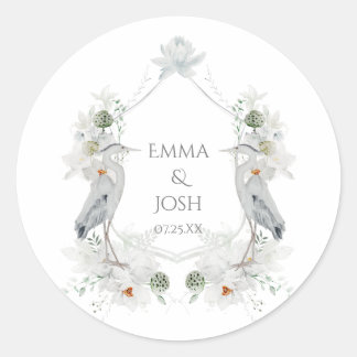 Blue Heron Waterfowl White Floral Ethereal Hochzei Runder Aufkleber