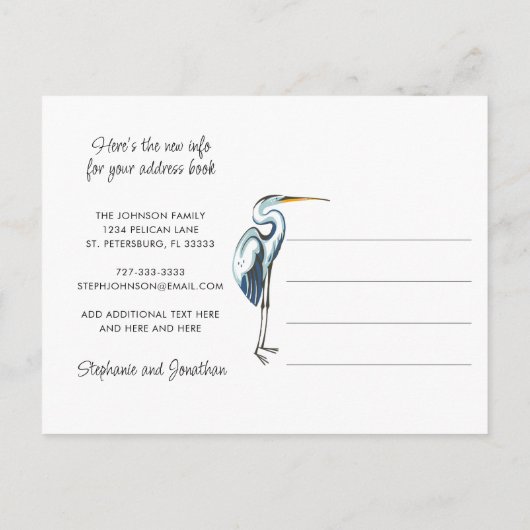 Blue Heron Waterfront Modernes Skript Neue Adresse Ankündigungspostkarte (Rückseite)