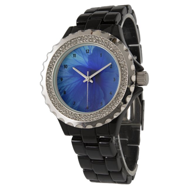 Blue Hibiskus Blume Kristall Black Enamel Watch Armbanduhr (Schrägansicht)