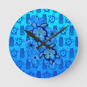Blue Hibiskus Honu Turtles Tiki Runde Wanduhr