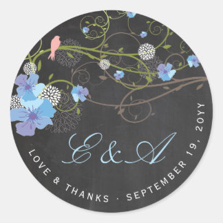 Blue Hibiskus & Swallows Blumenkhalkboard Hochzeit Runder Aufkleber