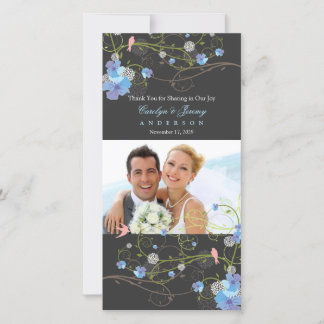 Blue Hibiskus & Swallows Chic Floral Wedding Foto Dankeskarte