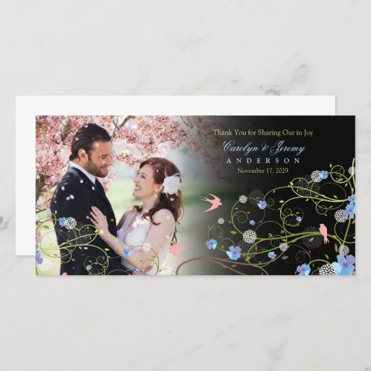 Blue Hibiskus & Swallows Chic Floral Wedding Foto Dankeskarte (Vorne/Hinten)