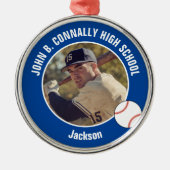 Blue High School Baseball Player Photo Christmas Ornament Aus Metall (Vorne)