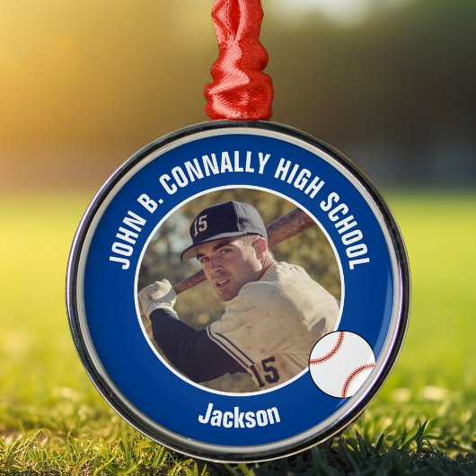 Blue High School Baseball Player Photo Christmas Ornament Aus Metall