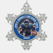 Blue High School Football Player Foto Custom Schneeflocken Zinn-Ornament (Vorderseite)