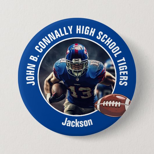 Blue High School Football Player Foto Grosses Brag Button (Vorderseite)