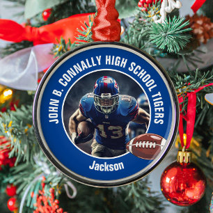 Blue High School Football Player Foto Weihnachten Ornament Aus Metall