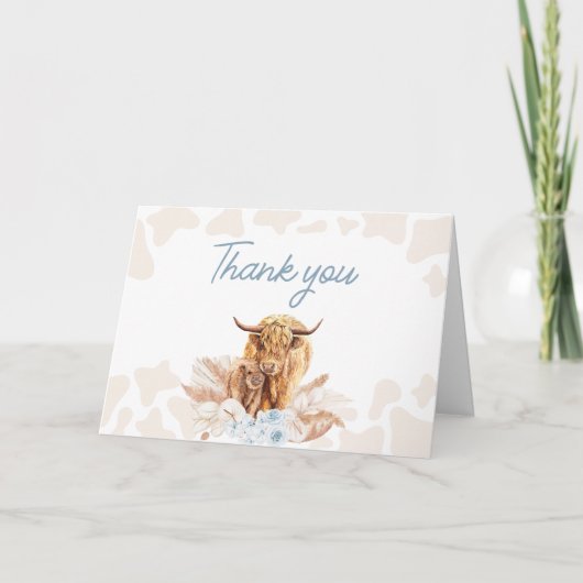 Blue Highland Cow Baby Dusche Dankeskarte (Vorderseite)