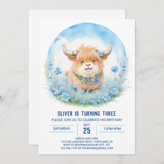 Blue Highland Cow Bash Kindergeburtstag Einladung (Vorne/Hinten)