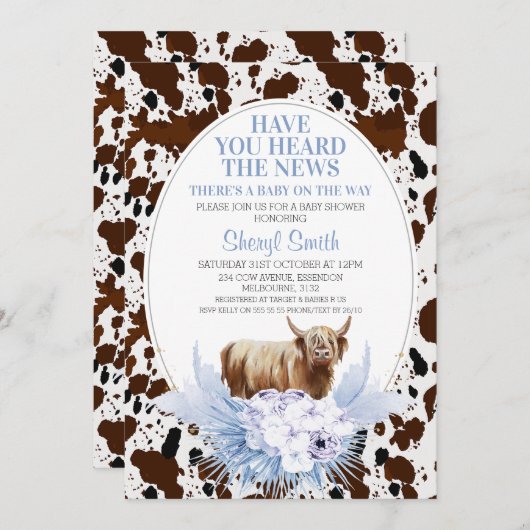 Blue Highland Cow Boho Floral Baby Dusche Einladung (Vorne/Hinten)