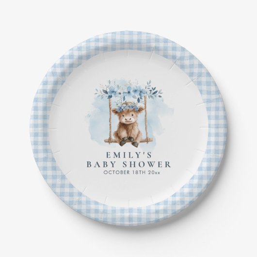 Blue Highland Cow Boy Baby Shower Pappteller (Vorderseite)
