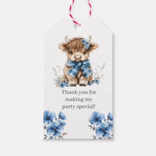 Blue Highland Cow Geburtstagspartei Gunst Geschenkanhänger (Vorderseite)