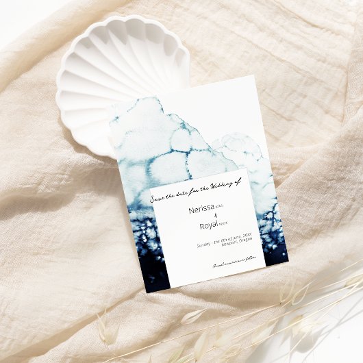Blue Hochzeit in Urlaubsort Save the Date Card Einladung
