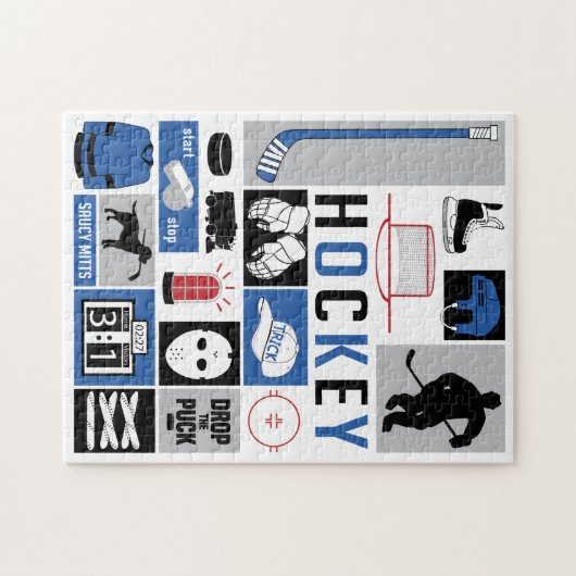 Blue Hockey Elements Stick Puck Player Puzzle (Horizontal)