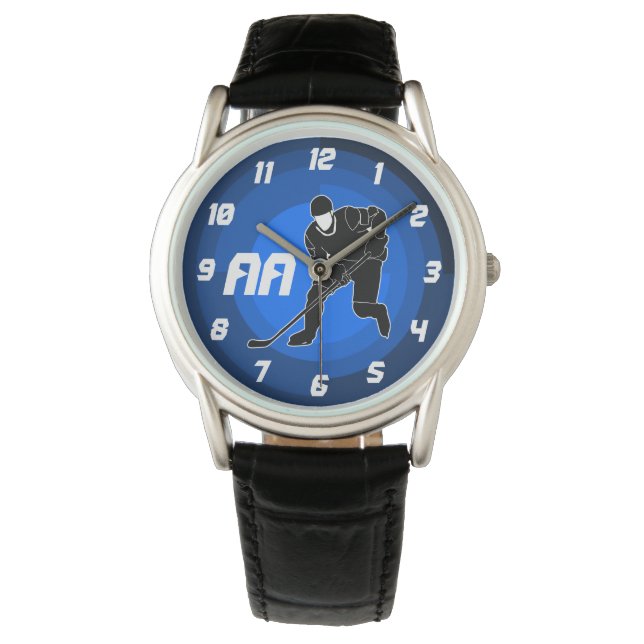Blue Hockey Player Silhouette Armbanduhr (Vorderseite)