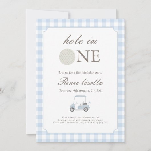 Blue Hole in One Golf Cart Einladung zum Geburtsta (Vorderseite)