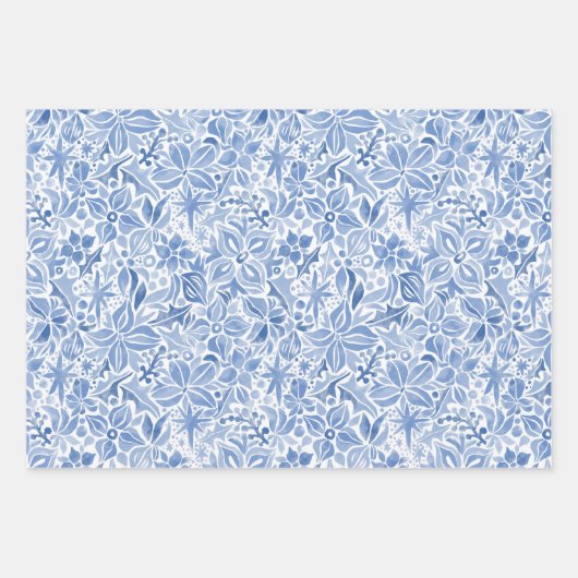 Blue Holiday Floral Geschenkpapier Set (Vorderseite)