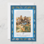 Blue Holiday Foliage Happy Hannukah Photo Card Einladung<br><div class="desc">This cute "Happy Hanukkah" Christmas holiday photo card features holiday foliage in white and ochre on a midnight blue background. The reverse side features a blue background with white snow patterns. Personalize it for your needs. You can find matching products at my store.</div>