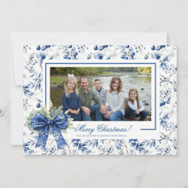 Blue Holly Toile Christmas Photo Card Feiertagskarte